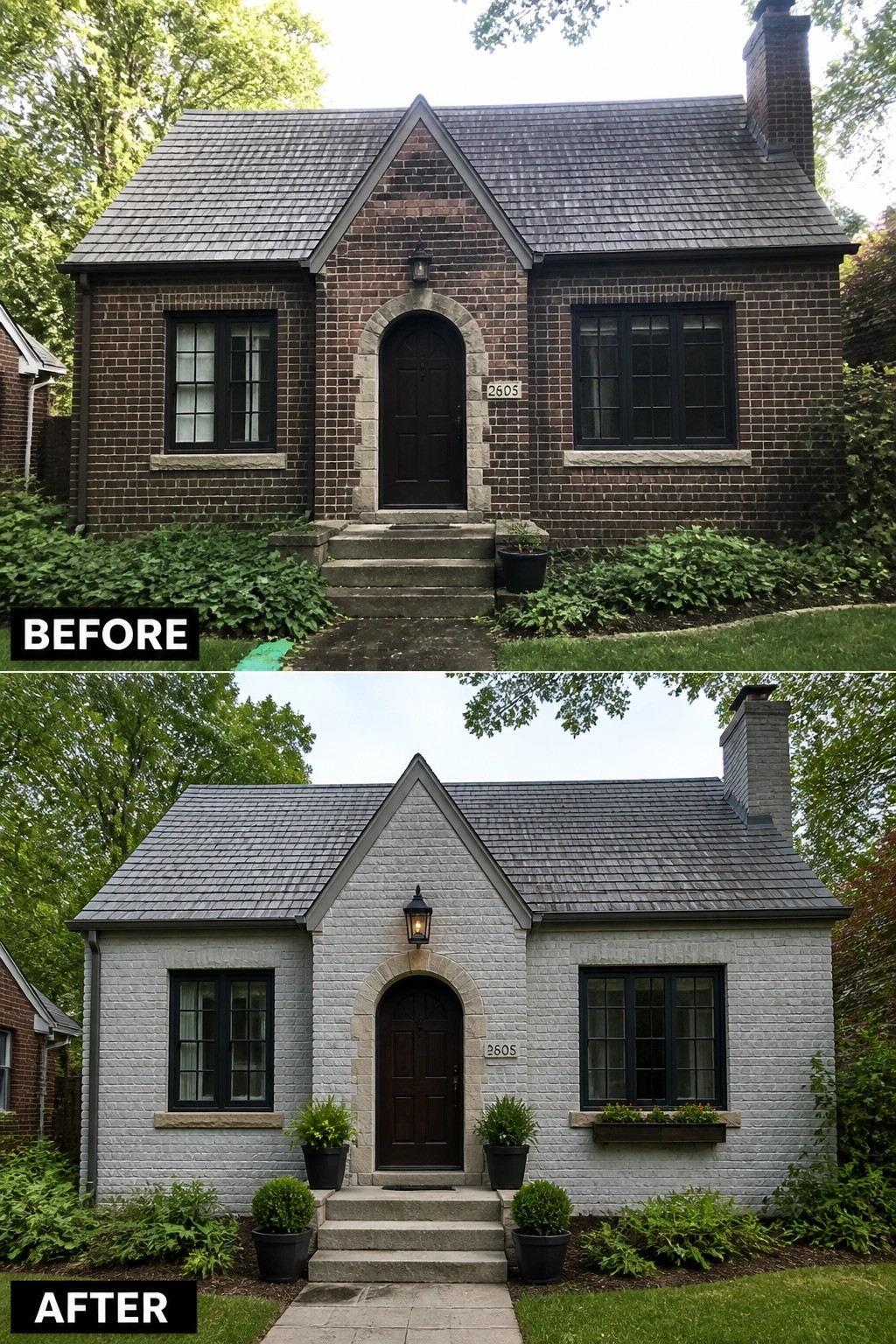 Before-and-after image of a brick house exterior showing dark brown brick updated to a light gray painted facade with added planters and a lantern at the entry.