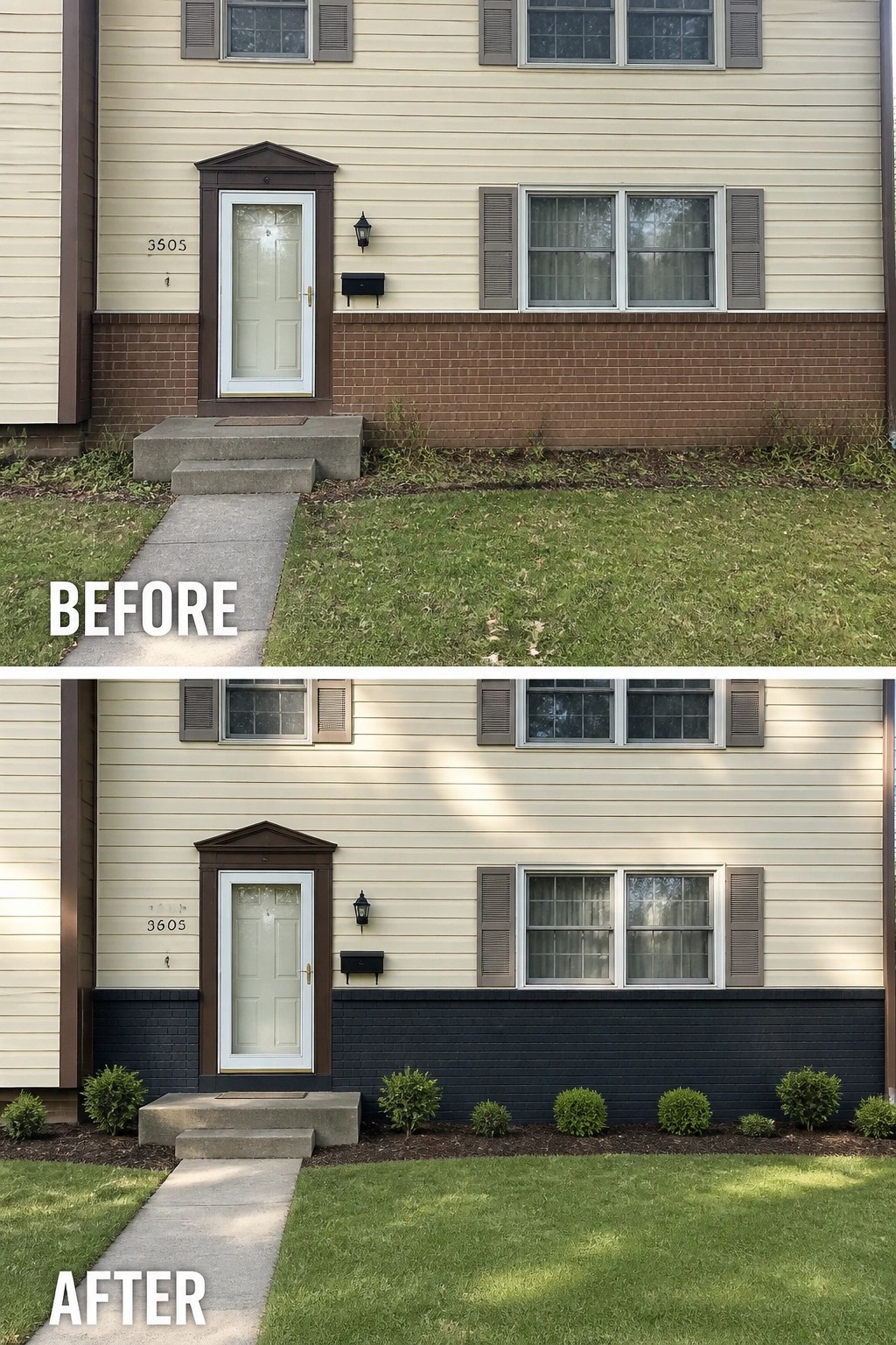 Before-and-after image of a house front where the lower brick band was painted dark and a simple row of shrubs and mulch was added.