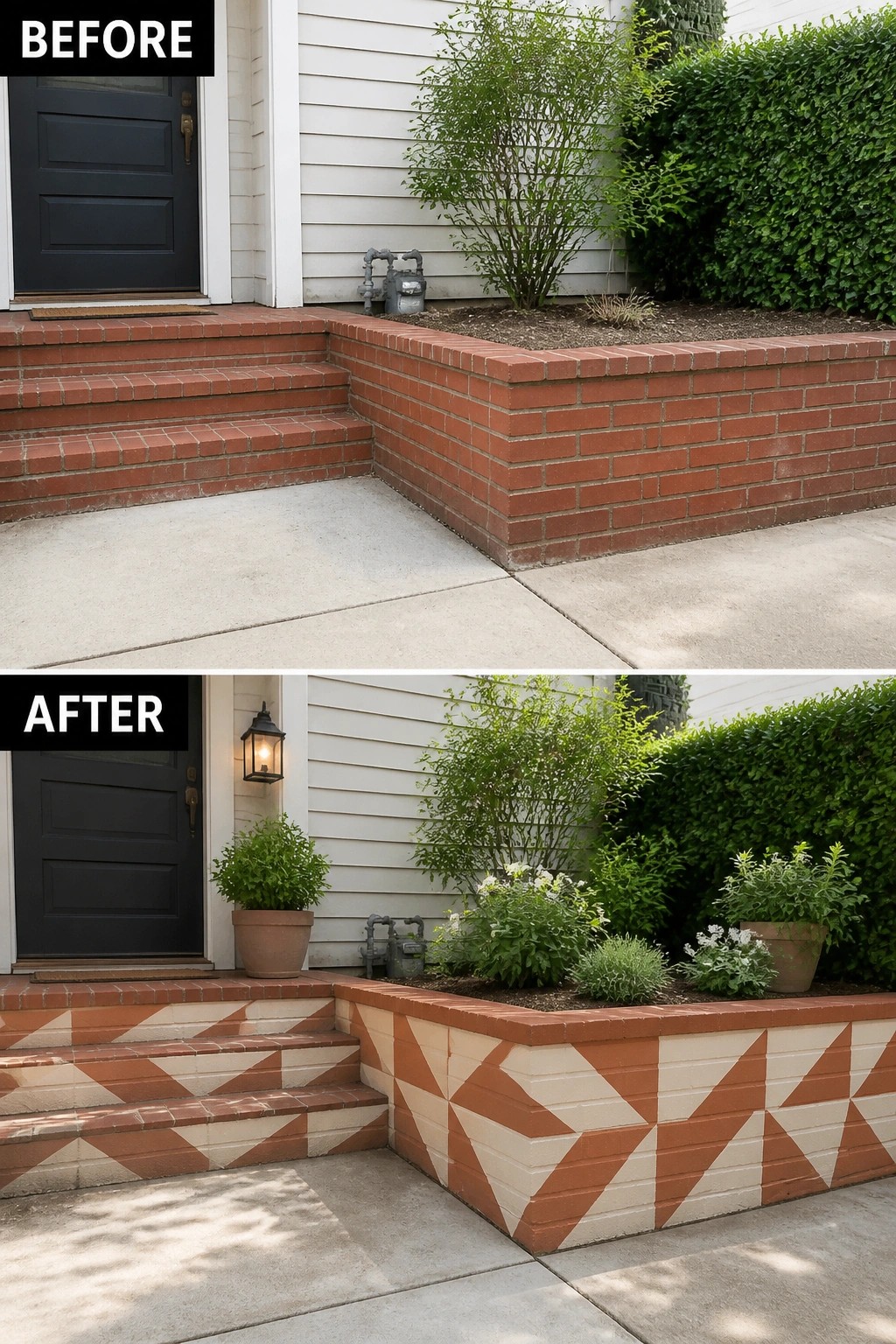 Before-and-after image of a plain red brick entry planter and steps updated with a two-tone geometric painted pattern and new potted plants.