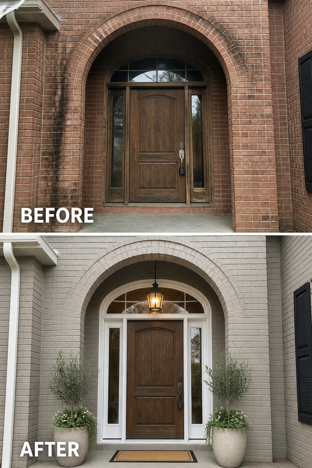 Before-and-after image of a home entry showing red brick painted a neutral gray with new white trim, a hanging lantern, and matching potted plants.