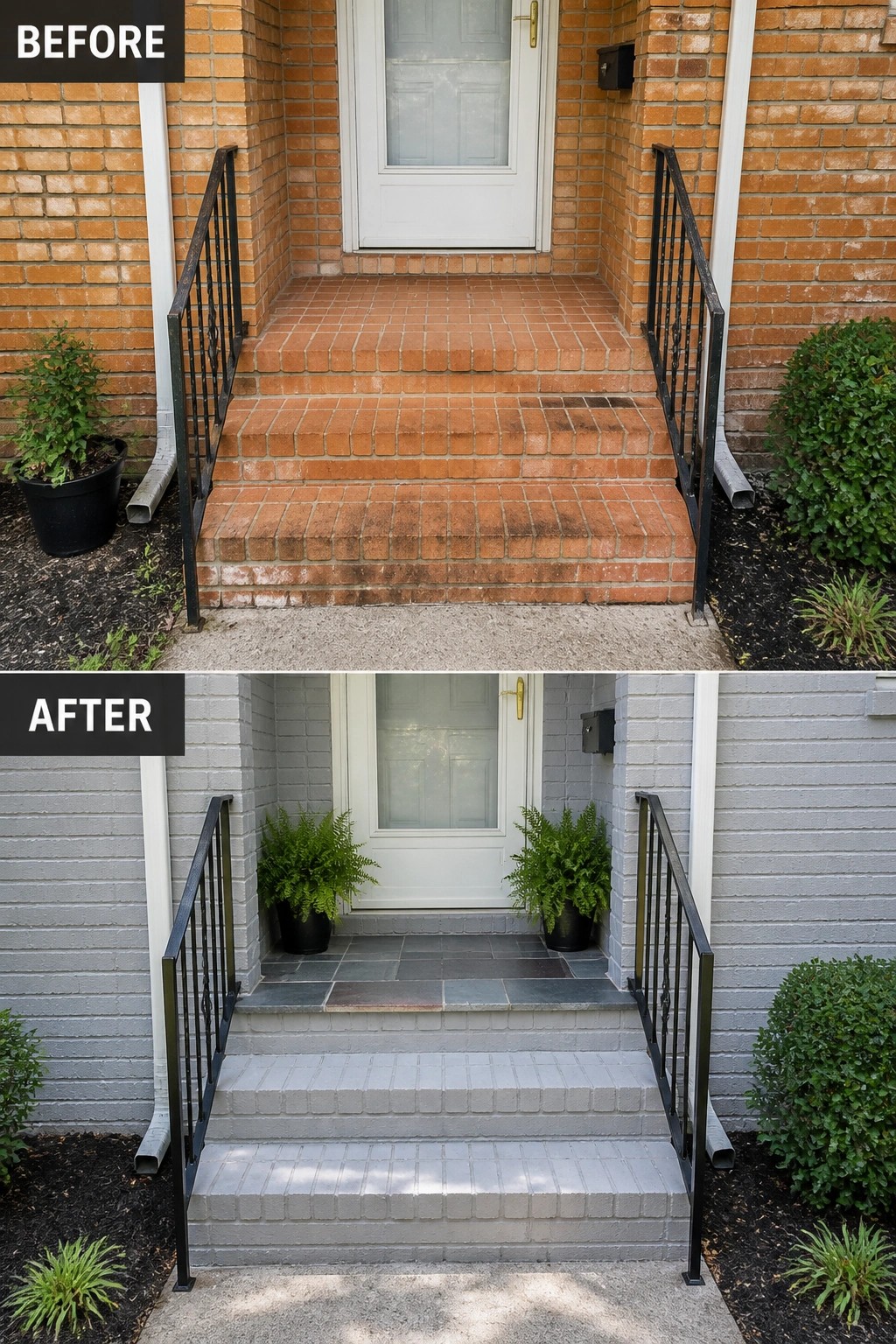 Before-and-after image of a front entry where orange brick steps and porch are painted gray and the top landing is retiled with dark slate and flanked by potted ferns.