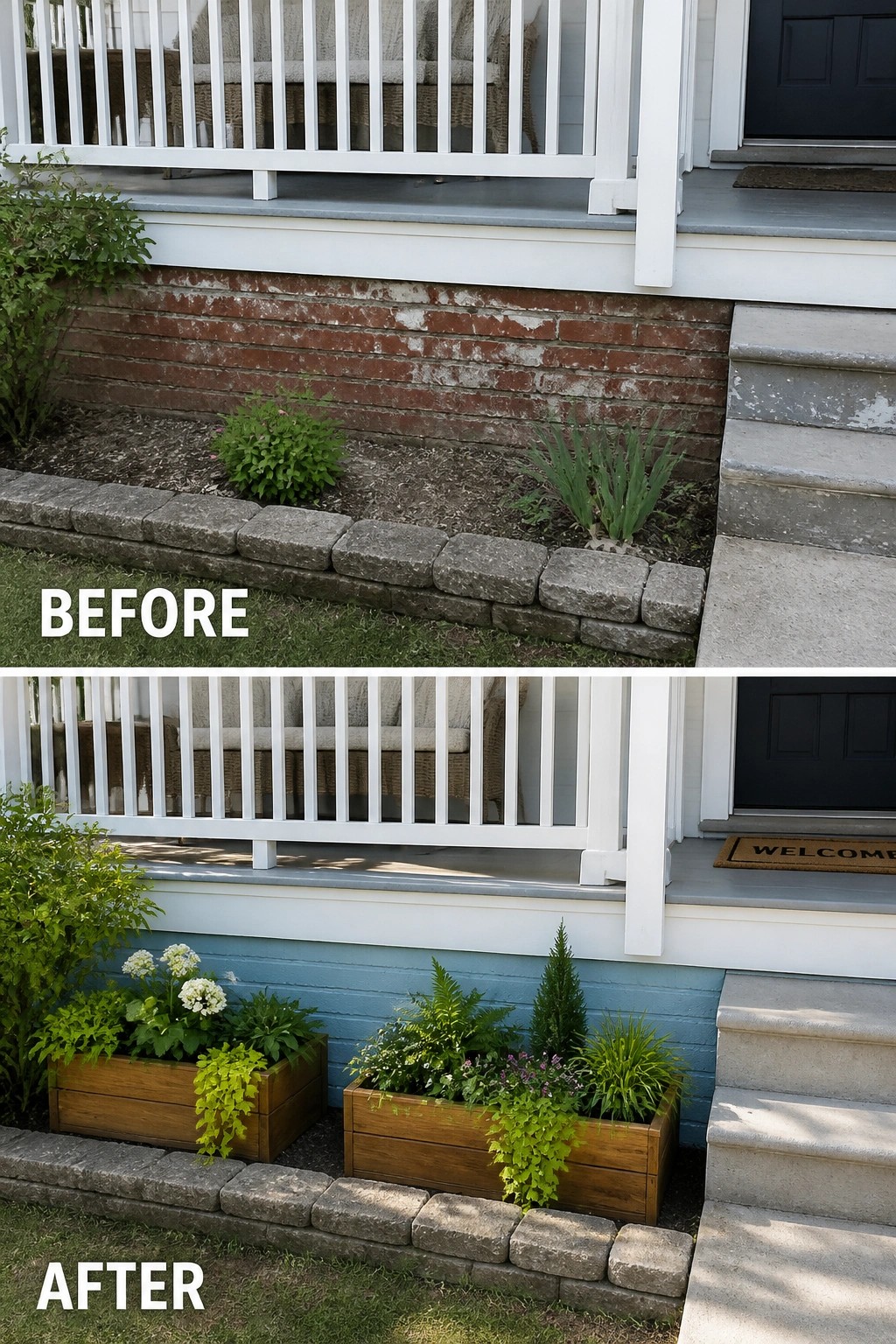 Before-and-after image of a porch showing old red brick foundation repainted blue and new wooden planter boxes added below the railing.
