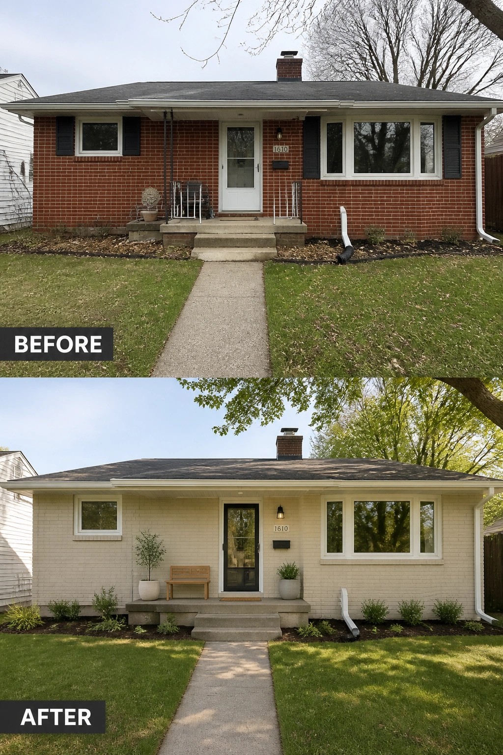 Before-and-after front view of brick ranch: red to beige paint, new black door, planters.