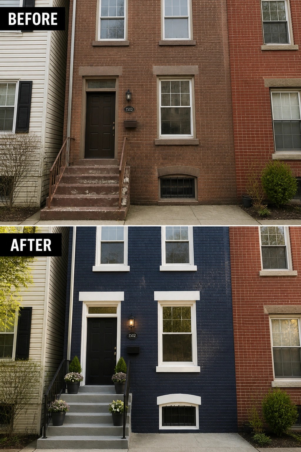 Before-and-after image of a townhouse exterior showing tired brown brick and steps updated to a navy painted brick facade with white trim, gray steps, black railings, and potted plants.