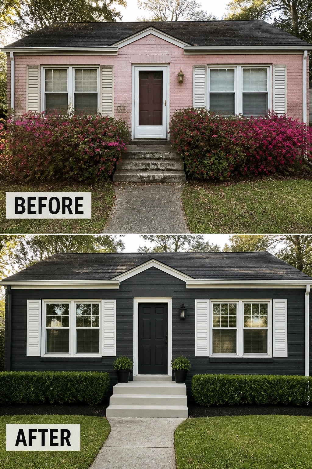Before-and-after image of a small brick house updated from faded pink to dark charcoal with white trim and added entry planters.