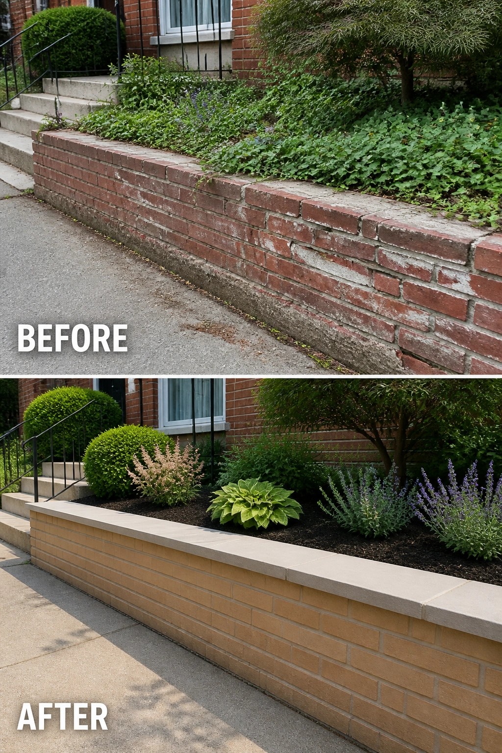 Before-and-after image of a weathered red brick garden wall updated to a light painted brick wall with a new cap and a tidy planted bed.