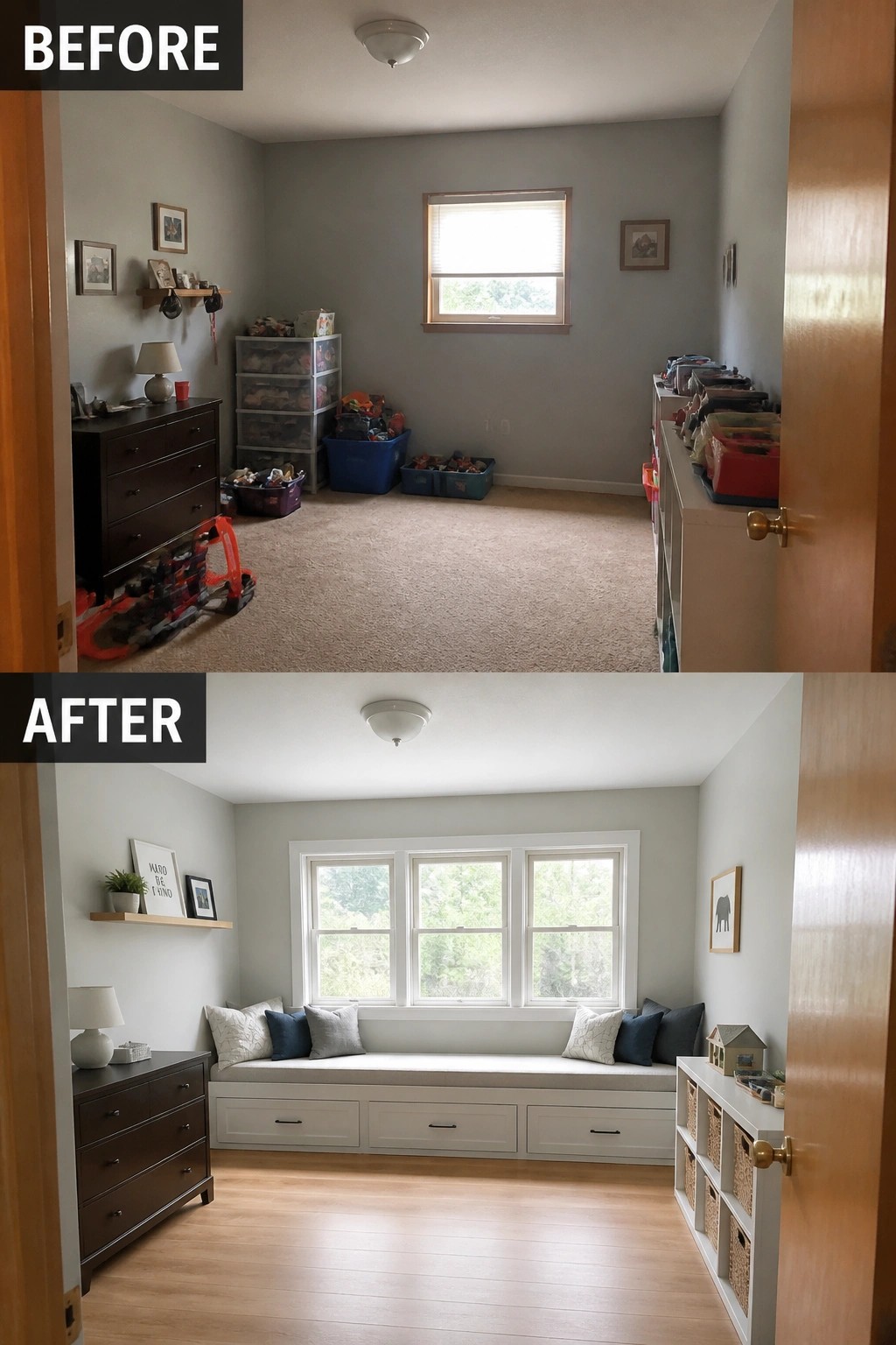 Before-and-after image of a small bedroom converted into a bright window seating area with built-in drawers and organized storage.