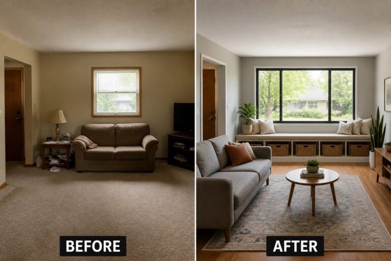 20 Creative Ranch Home Remodel Ideas Built Around New Windows and Doors Before-and-after image of a living room updated by replacing a small window with a larger picture window and adding a built-in bench with storage and new seating.