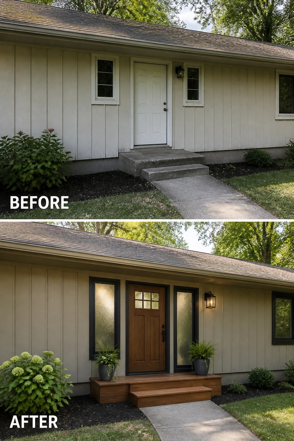 Before-and-after image of a plain ranch front entry updated with a new wood front door, frosted sidelights, dark trim, an exterior lantern, and a small wooden step with planters.