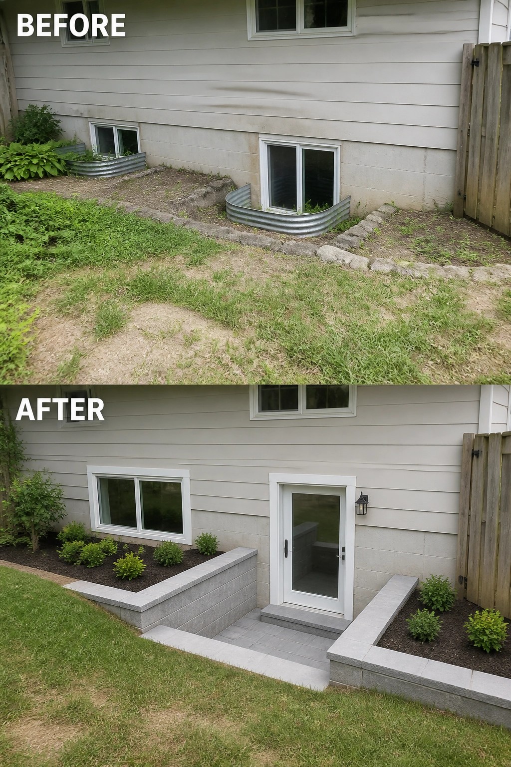 Before-and-after image of a sloped yard where metal window wells and rough dirt were replaced with a paved, block-walled basement entry and planted garden beds.