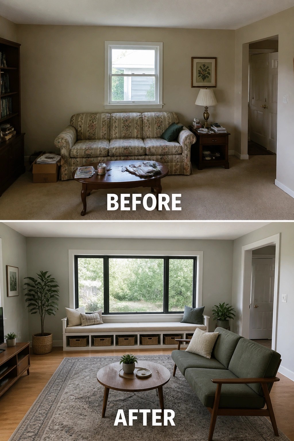 Before-and-after image of a living room updated by replacing a small window with a larger picture window and adding a built-in bench with storage and new seating.