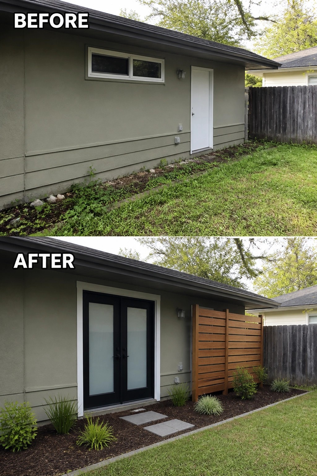 Before-and-after image of a plain exterior wall updated with new double glass doors, a planted mulch bed with stepping stones, and a wooden privacy screen.