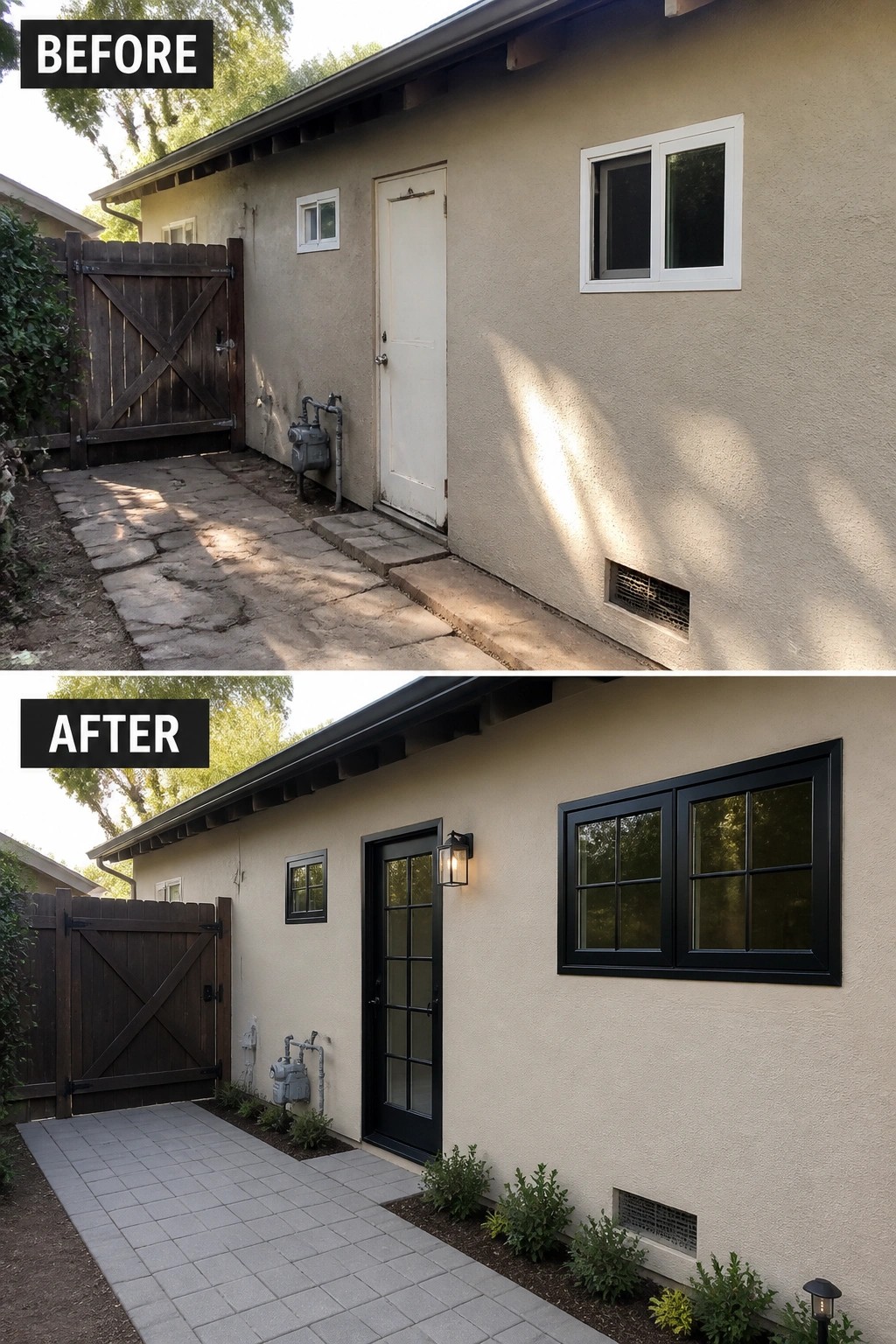 Before-and-after image of a plain side wall where a solid door is replaced by a black-framed glass door and a paved walkway with planted borders is added.