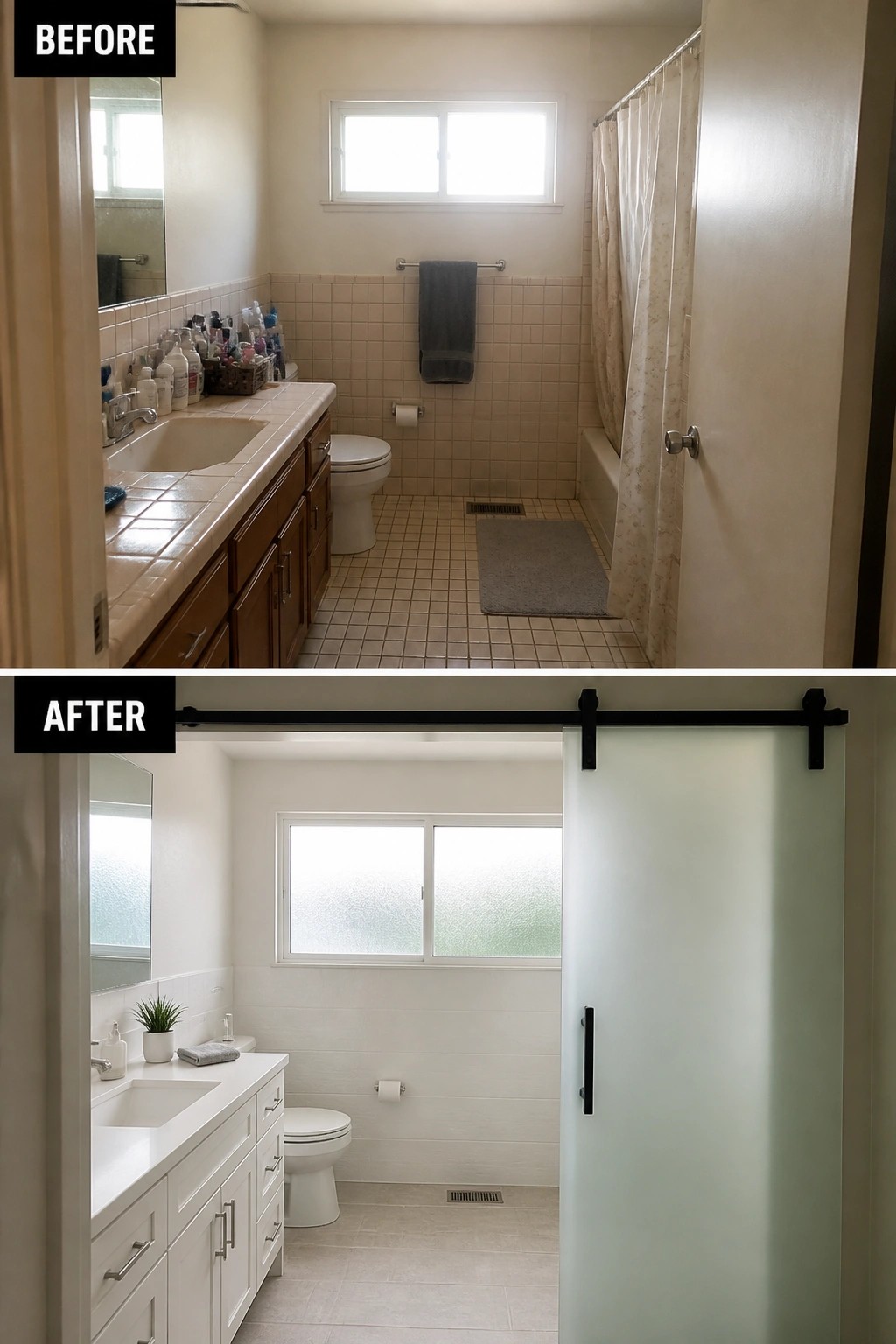 Before-and-after image of a dated bathroom updated with a white vanity, larger neutral floor tile, and a frosted sliding glass barn door replacing the shower curtain.