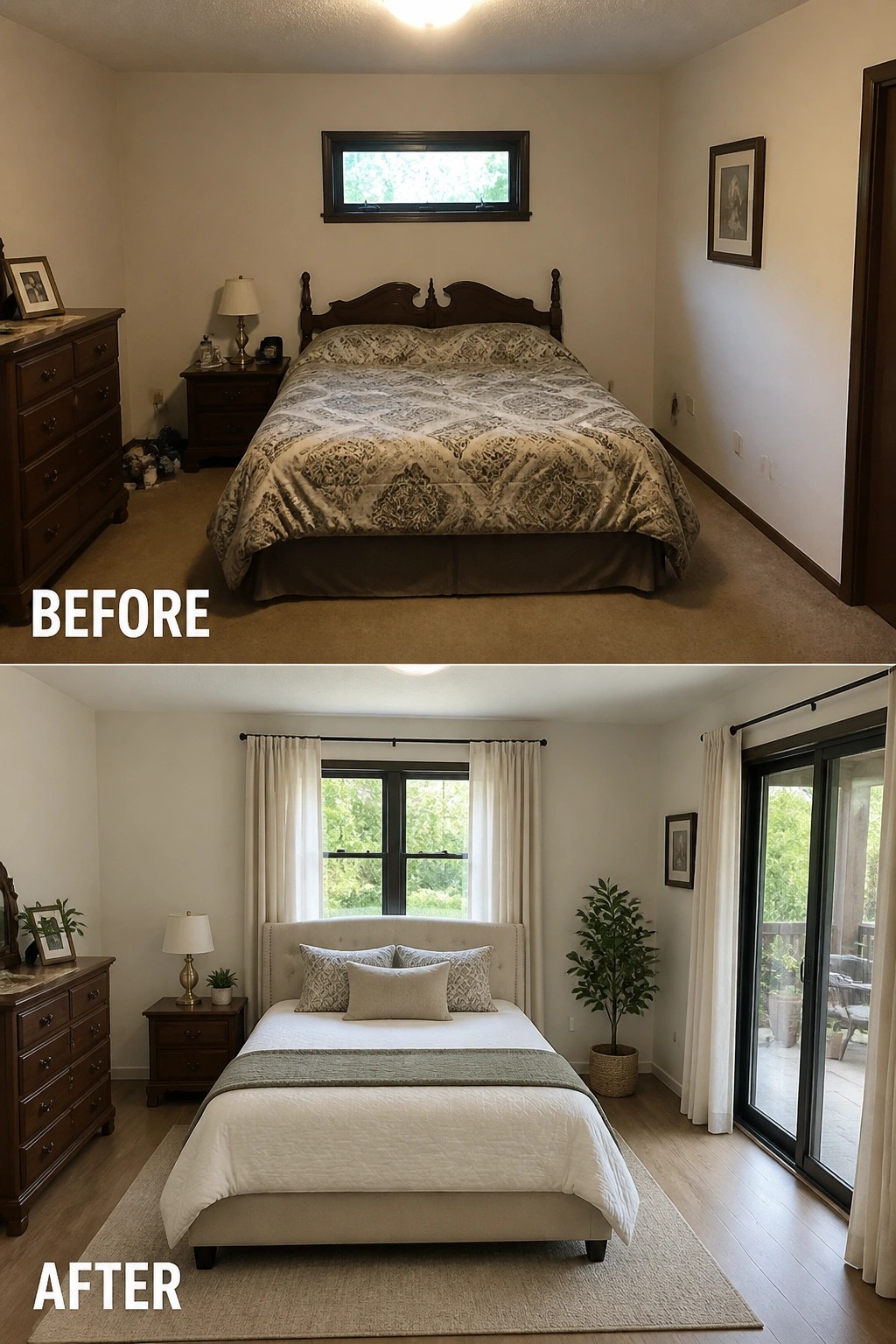 Before-and-after image of a small bedroom where a tiny high window is replaced with larger windows and floor-length curtains, light bedding, and a rug