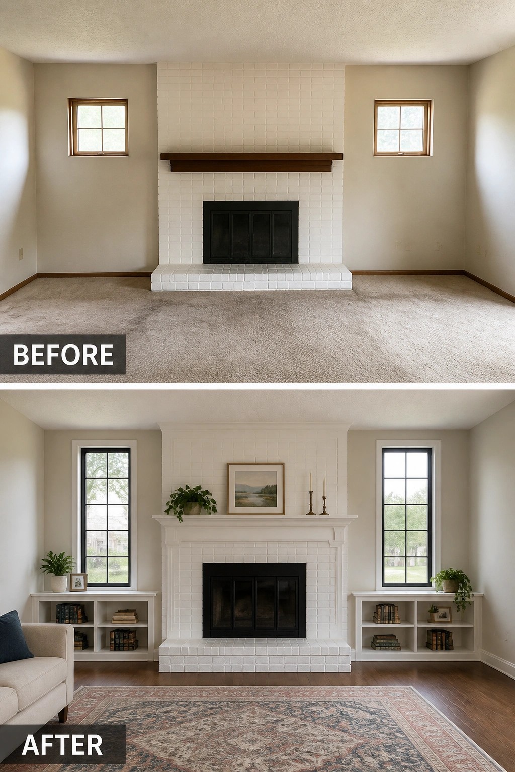 Before-and-after image of a living room where a plain fireplace wall is updated with painted brick, a new mantel, taller flanking windows, and built-in shelves.