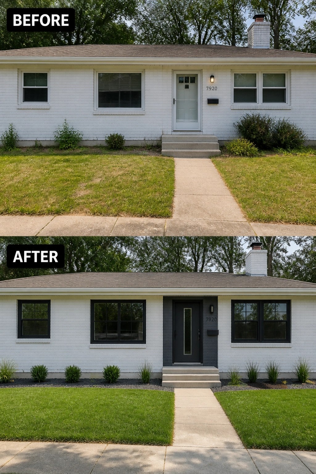 Before-and-after image of a ranch house where a pale facade is updated with a darker front door and surround, new black window trim, and a defined low planting bed with gravel.