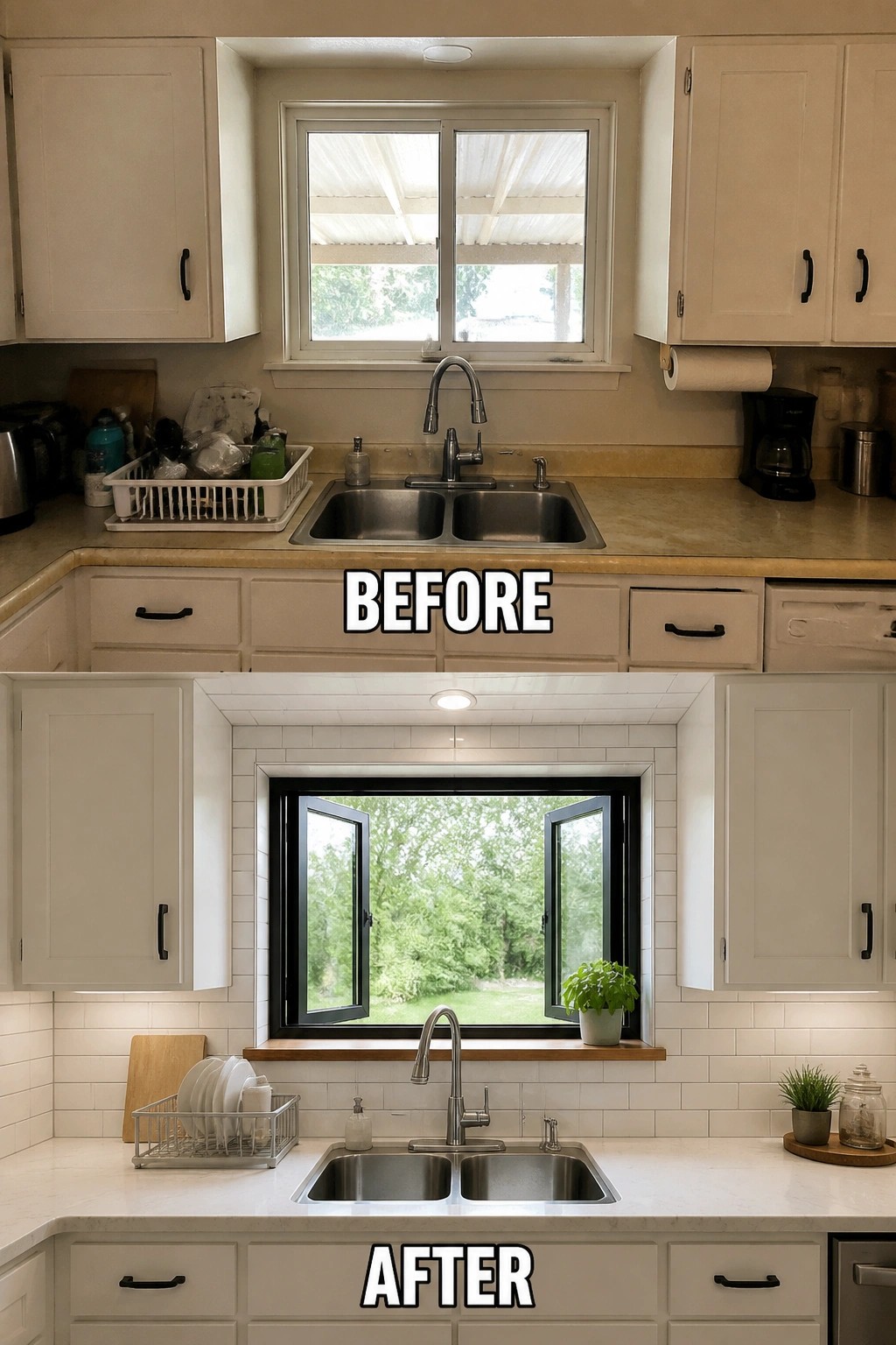 Before-and-after image of a kitchen sink area updated by replacing a small sliding window with a larger black-framed casement, tiled surround, and refreshed countertop and finishes.