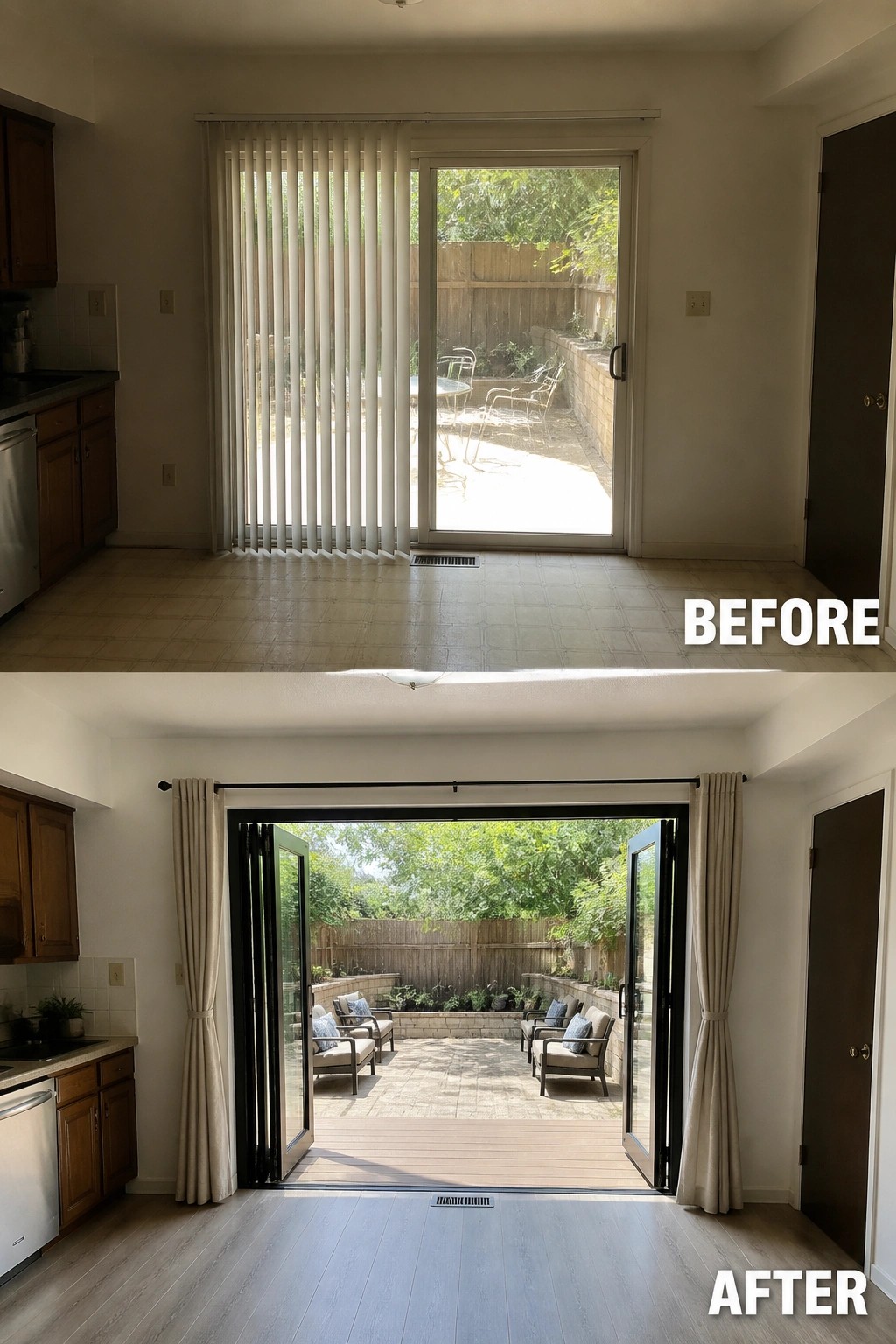 Before-and-after image of a sliding glass door and blinds replaced by folding glass doors that open