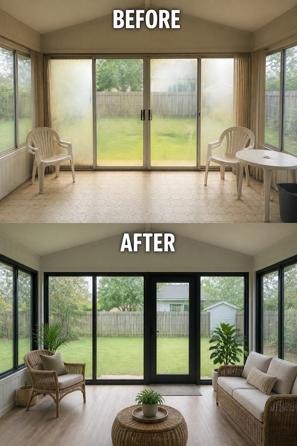 Before-and-after image of a dated sunroom updated by replacing foggy sliding glass doors with black-framed doors and adding wicker seating, plants, and new flooring.
