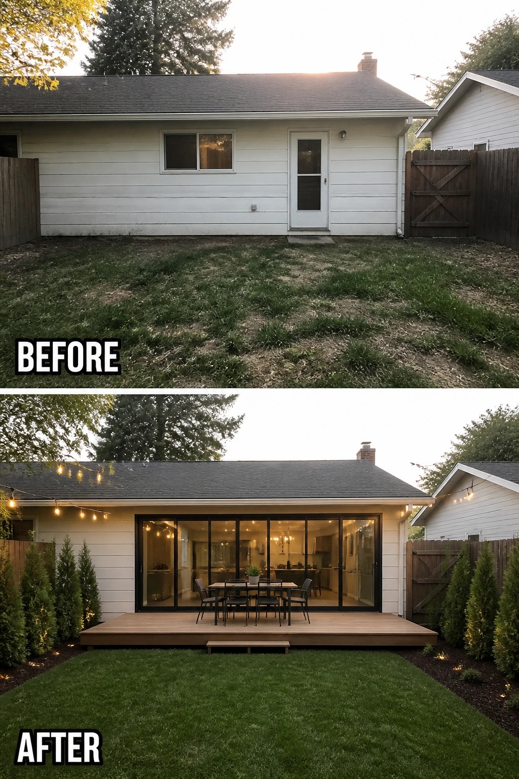 Before-and-after image of a plain backyard wall and patchy lawn updated with a wall of glass doors, a raised wooden deck with outdoor dining, string lights, and planted borders.