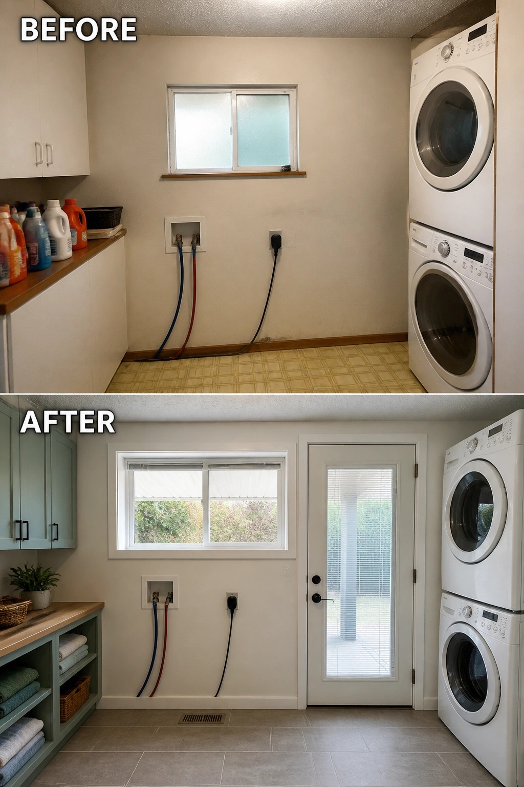 Before-and-after image of a small laundry room updated with a larger window, a new glass exterior door, built-in storage, and new tile flooring.