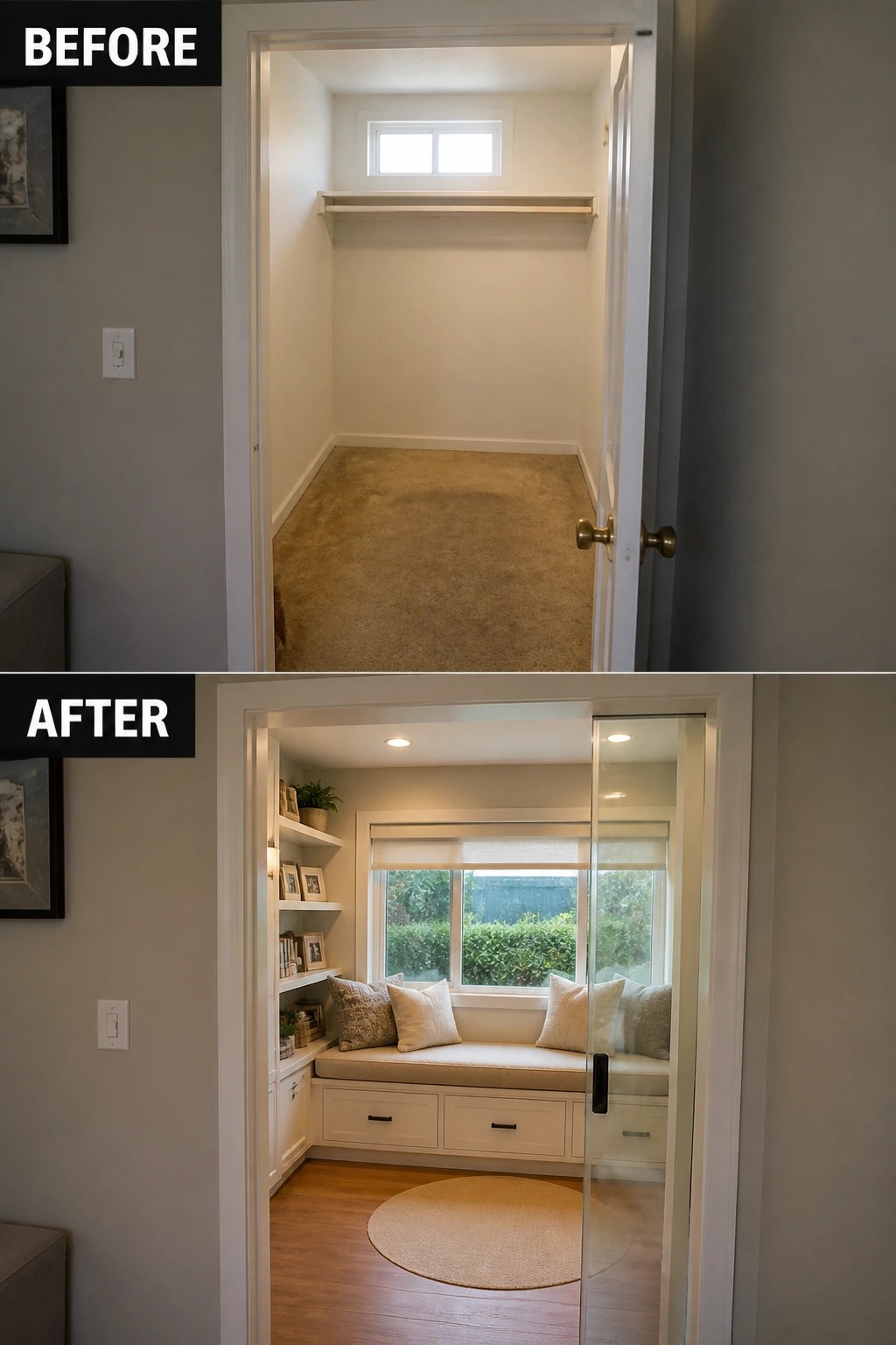 Before-and-after image of a small empty closet converted into a windowed built-in bench with drawers