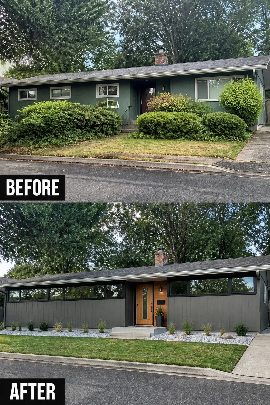 Before-and-after image of a ranch front where small windows and overgrown shrubs were replaced by a horizontal band of narrow windows, a new wood front door, darker siding, and simplified gravel planting.