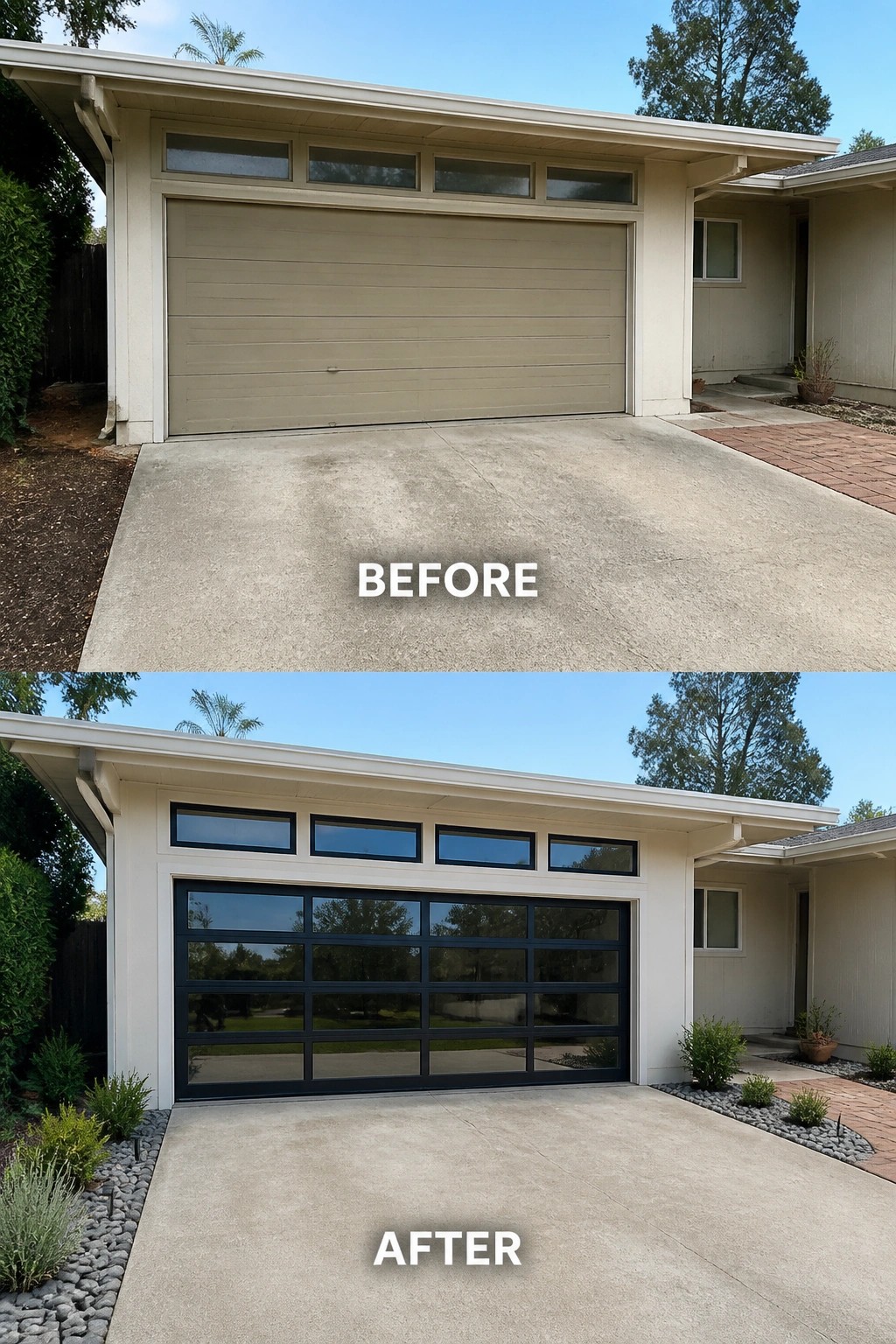Before-and-after image of a ranch house garage where a plain solid door was replaced with a black-framed glass-panel garage door and simple planted gravel borders.