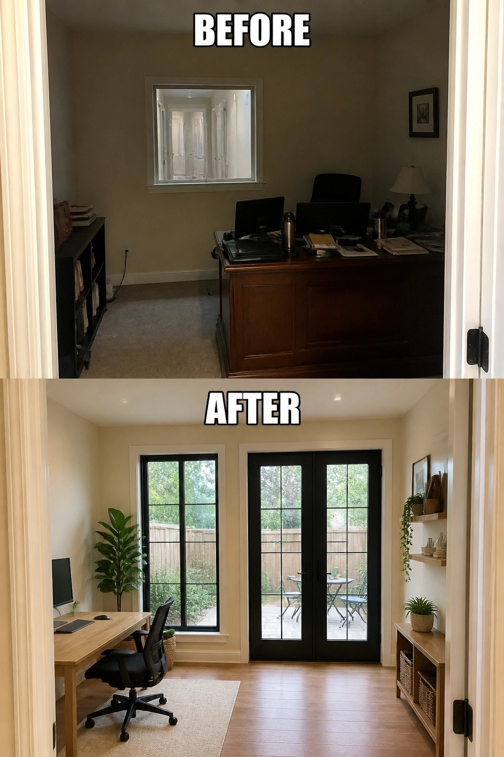 Before-and-after image of a dark interior office opened up with new black-framed French doors and a large matching window facing a backyard.