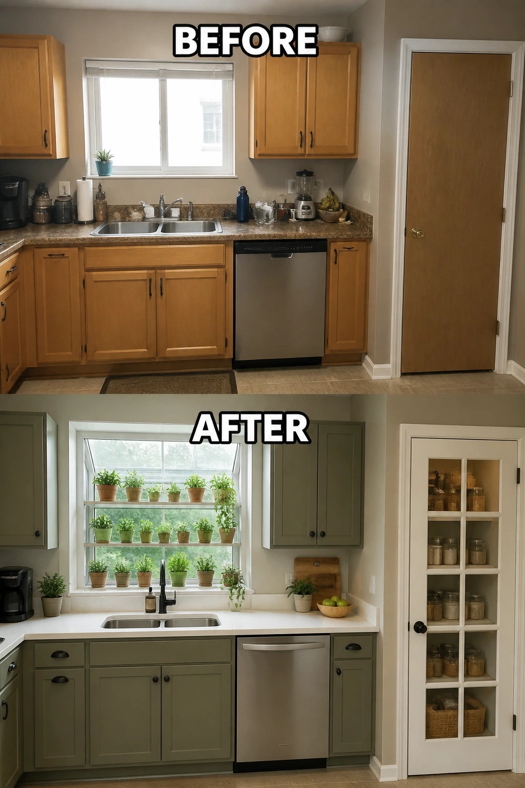 Before-and-after image of a kitchen where a plain sink window is fitted with narrow shelves full of potted herbs and the cabinets are repainted.