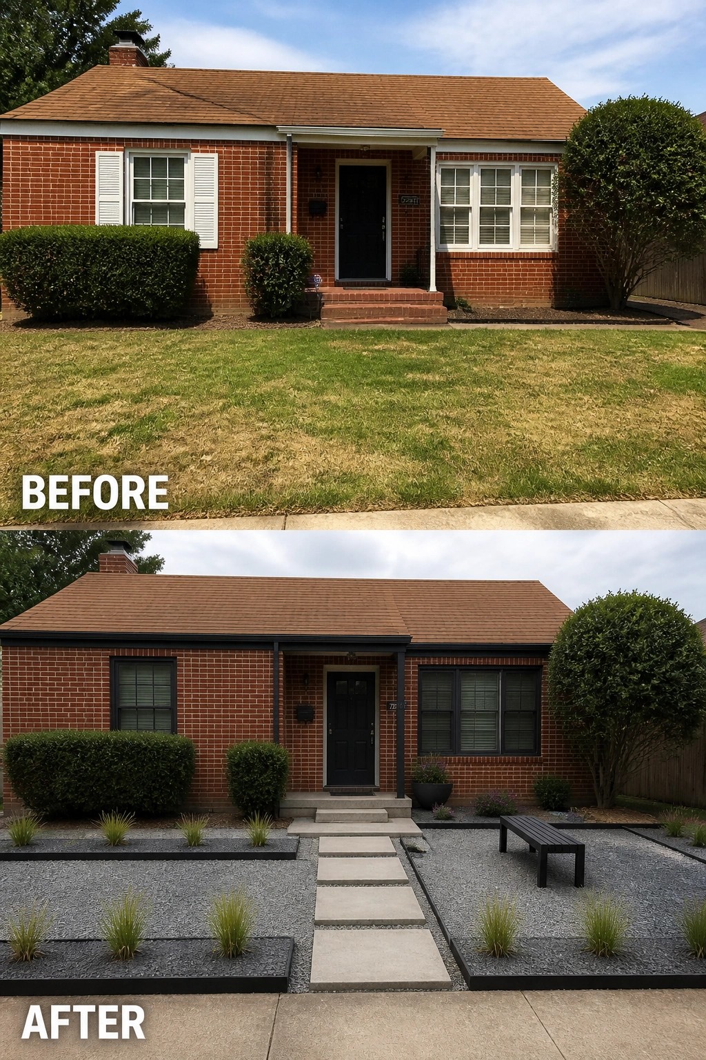 Before-and-after image of a brick house front yard changed from a patchy grass lawn to a low-maintenance layout with concrete stepping stones set in gravel and defined planting beds.