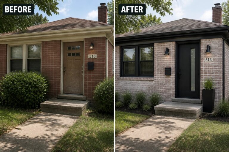 Before-and-after image of a brick house front where the entry was updated with dark trim, a black door, new wall lights, and simple plantings.