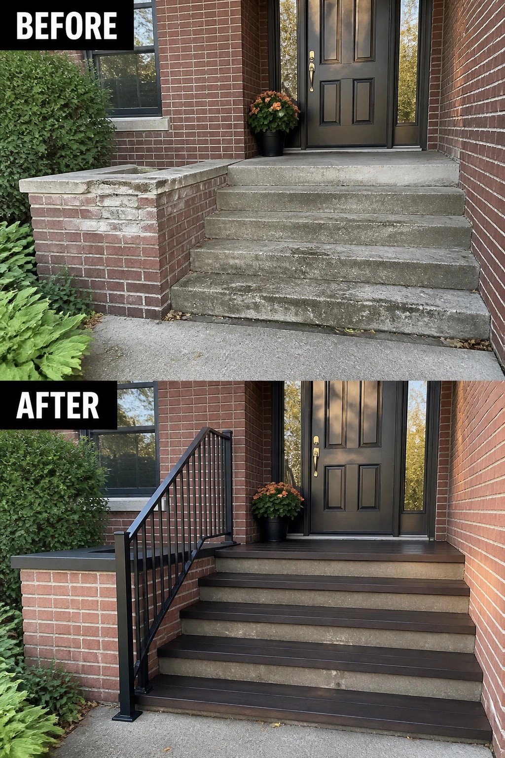 Before-and-after image of a front entry where plain concrete steps are updated with dark stair treads and a black metal railing.