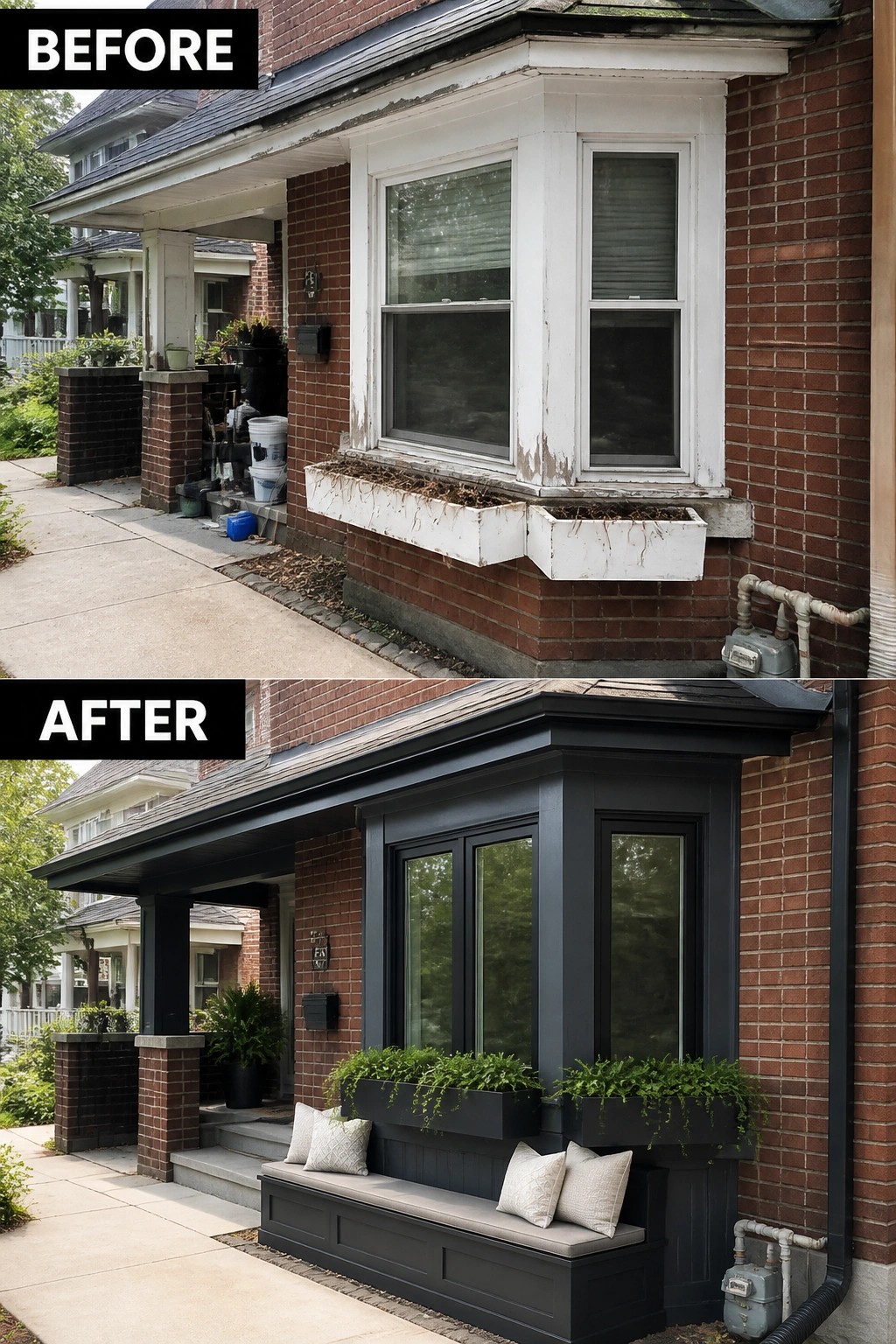 Before-and-after image of a brick house front updated with dark painted trim, a built-in bench, and matching planter boxes.