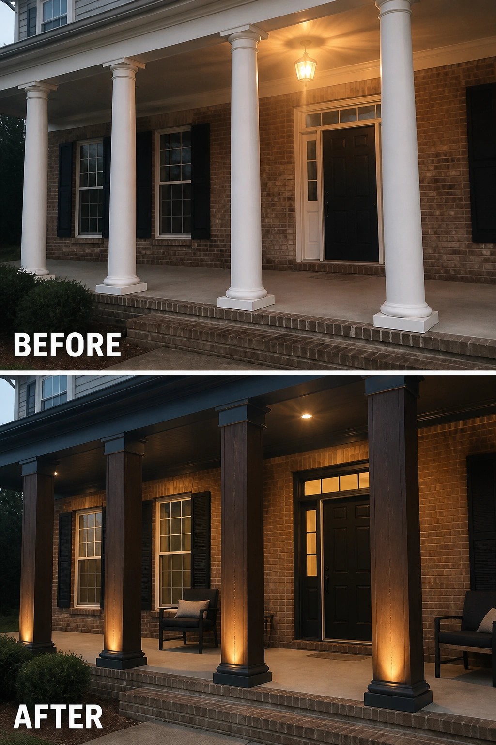 Before-and-after image of a front porch updated from plain white round columns and an empty stoop to dark square columns with warm uplighting and seating.