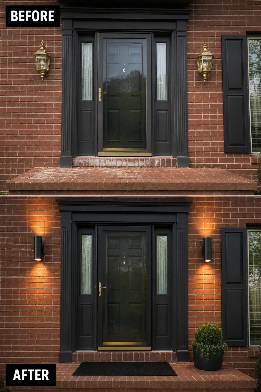 Before-and-after image of a brick front porch updated by replacing brass lanterns with modern black cylinder wall lights, adding dark trim, a doormat, and a single potted plant.