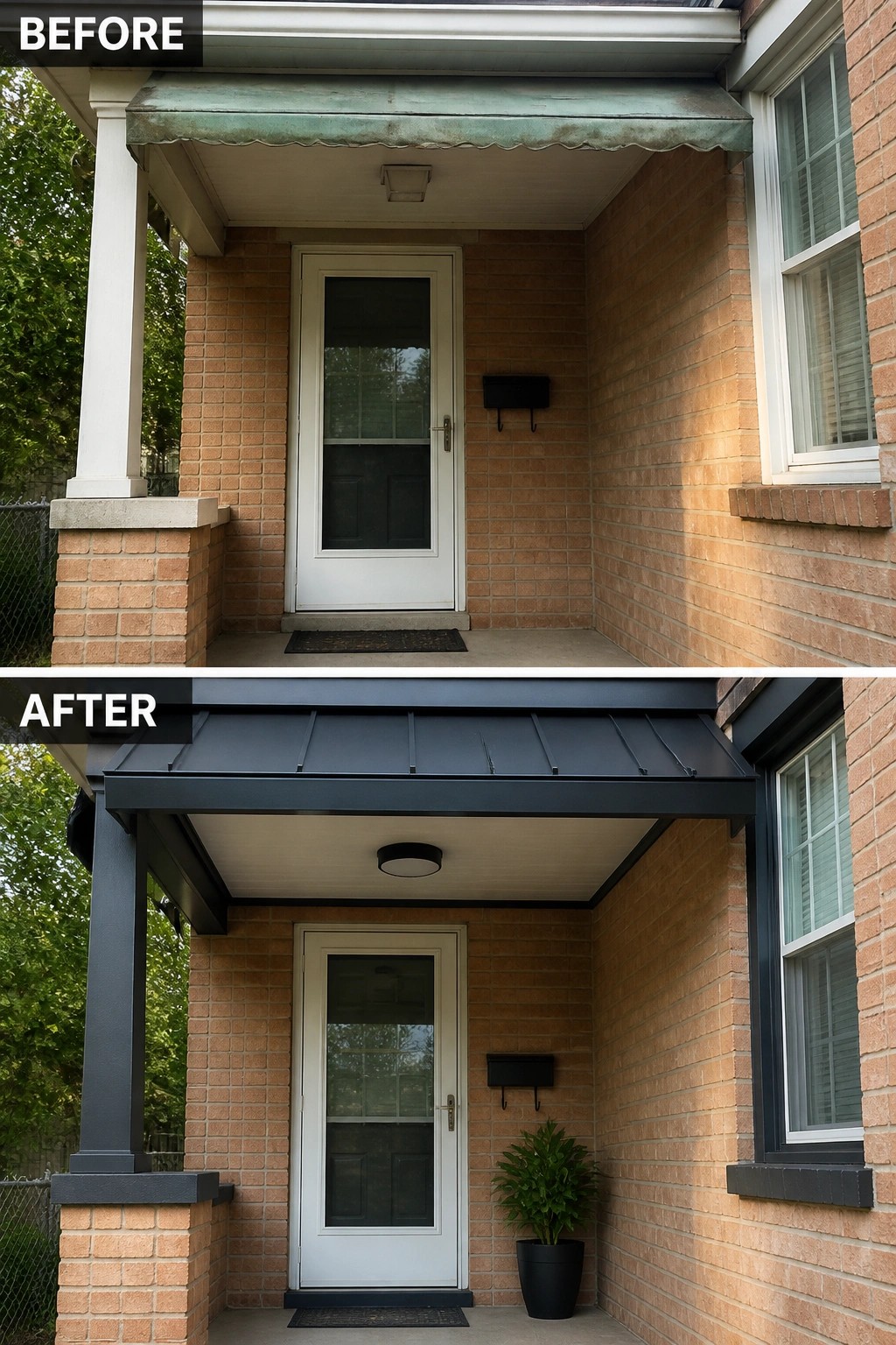 Before-and-after image of a small front porch updated by replacing an old fabric awning with a modern dark metal canopy, adding matching dark trim, a flush ceiling light, and a potted plant.