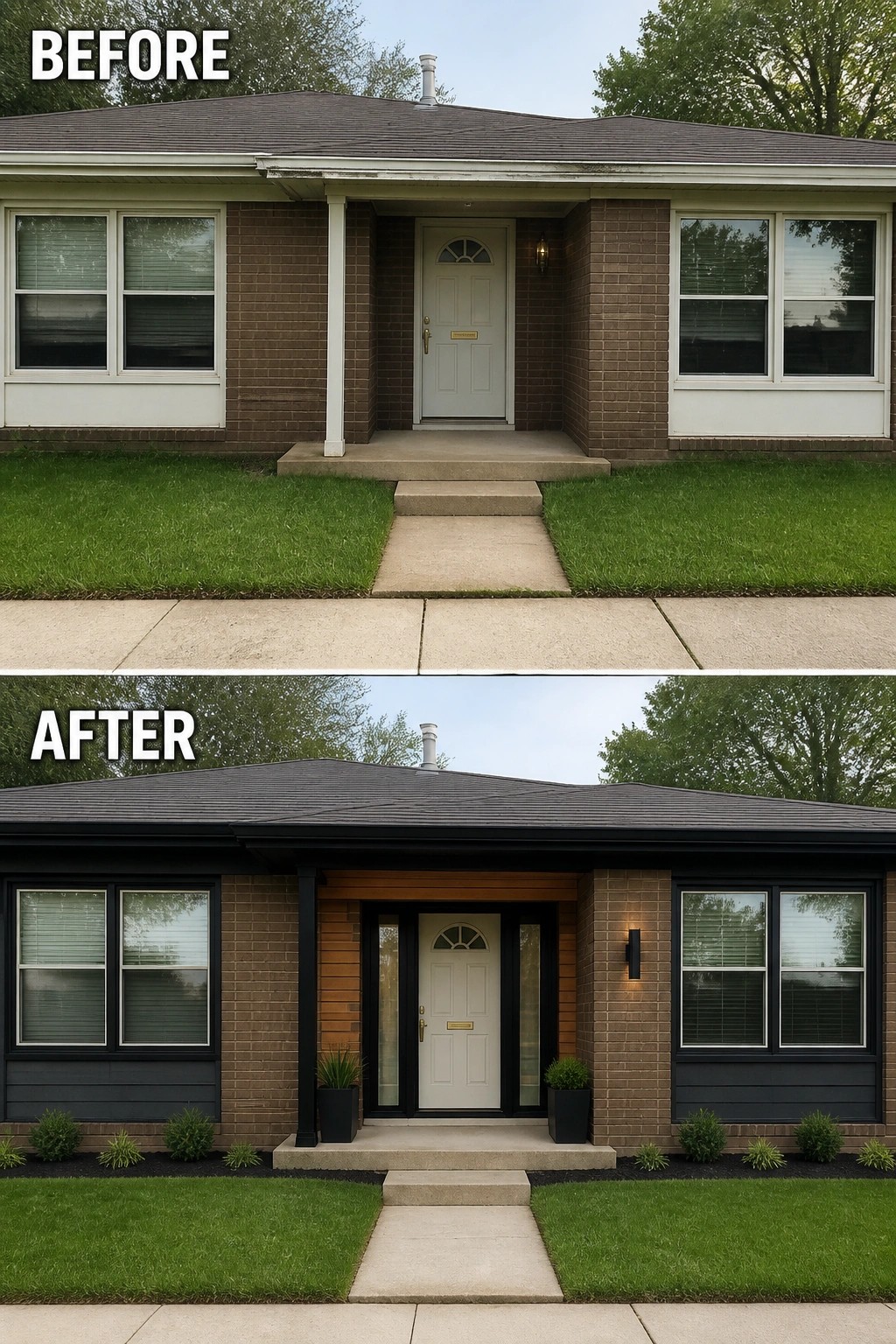 Before-and-after image of a brick house front where a plain recessed porch is updated with dark trim, a wood-clad door surround, modern lighting, and potted plants.