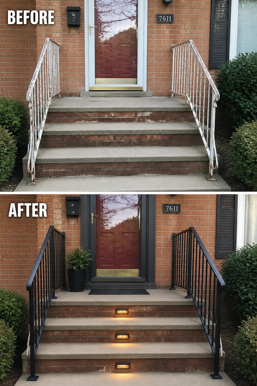 Before-and-after image of a brick front entry where flaking white railings were replaced with dark metal railings and recessed step lights were