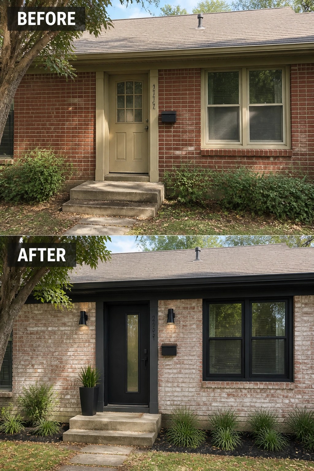 Before-and-after image of a brick house front where the entry was updated with dark trim, a black door, new wall lights, and simple plantings.