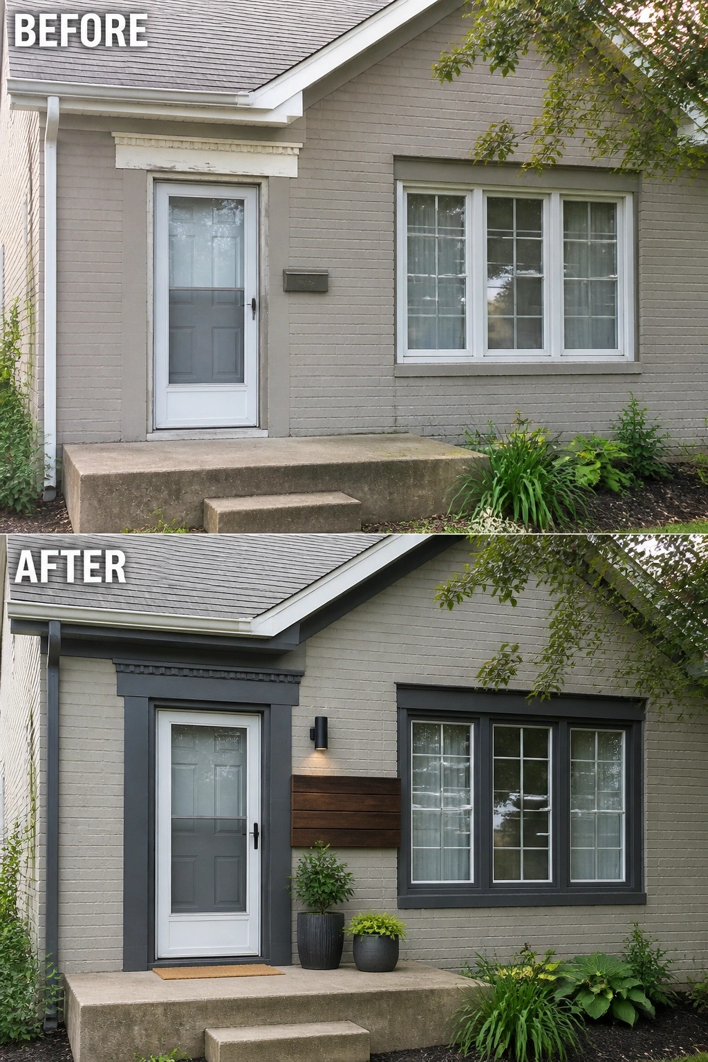 Split before-and-after exterior: gray brick entry, dark trim, wood mailbox, sconce, potted plants.