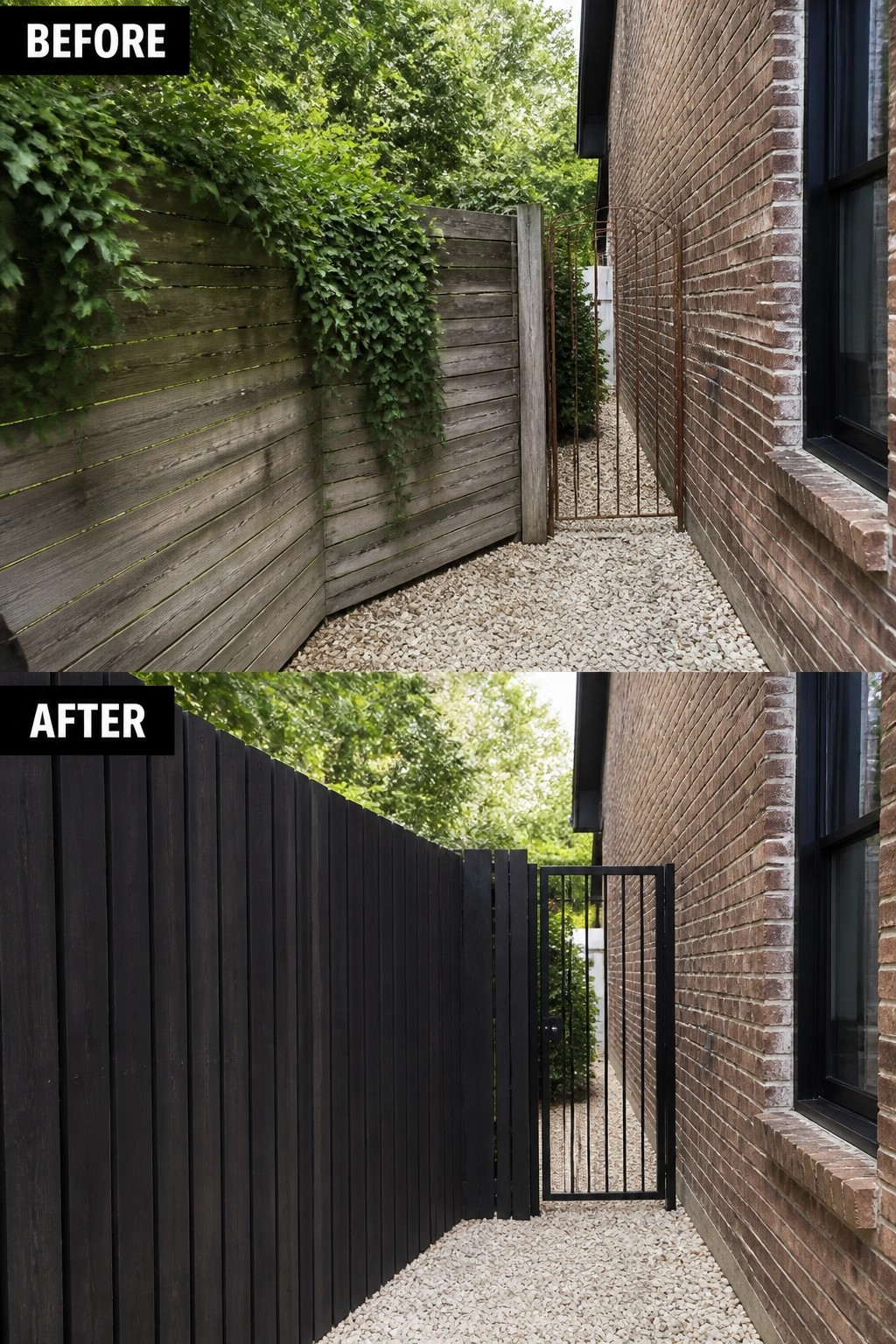Before-and-after image showing an old weathered wooden side fence and rusty gate updated to a tall dark-painted vertical fence with a matching black metal gate.