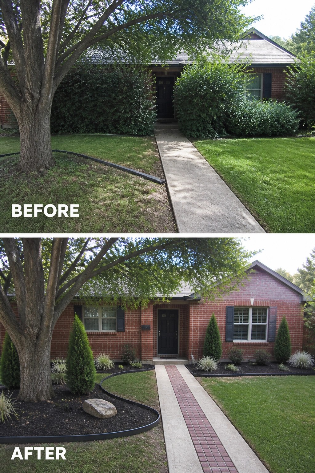 Before-and-after image of a brick front facade where overgrown shrubs were removed and replaced with defined planting beds, mulch, edging, and a brick-inset walkway.