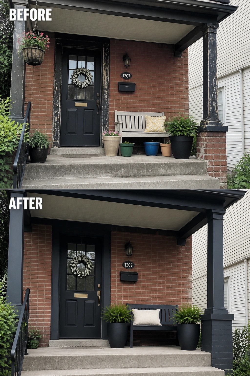 Before-and-after image of a brick front porch where the trim and columns are painted dark and mismatched pots and a worn bench are replaced with coordinated planters and a bench cushion.
