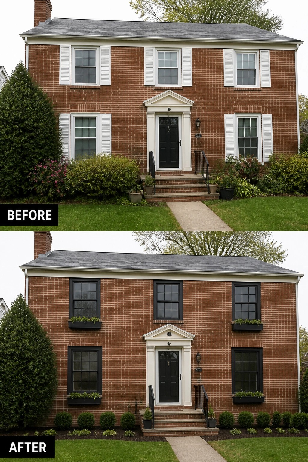 Before-and-after image of a brick house where white shutters and overgrown shrubs are replaced with black window trim, window boxes, and neat low shrubs.