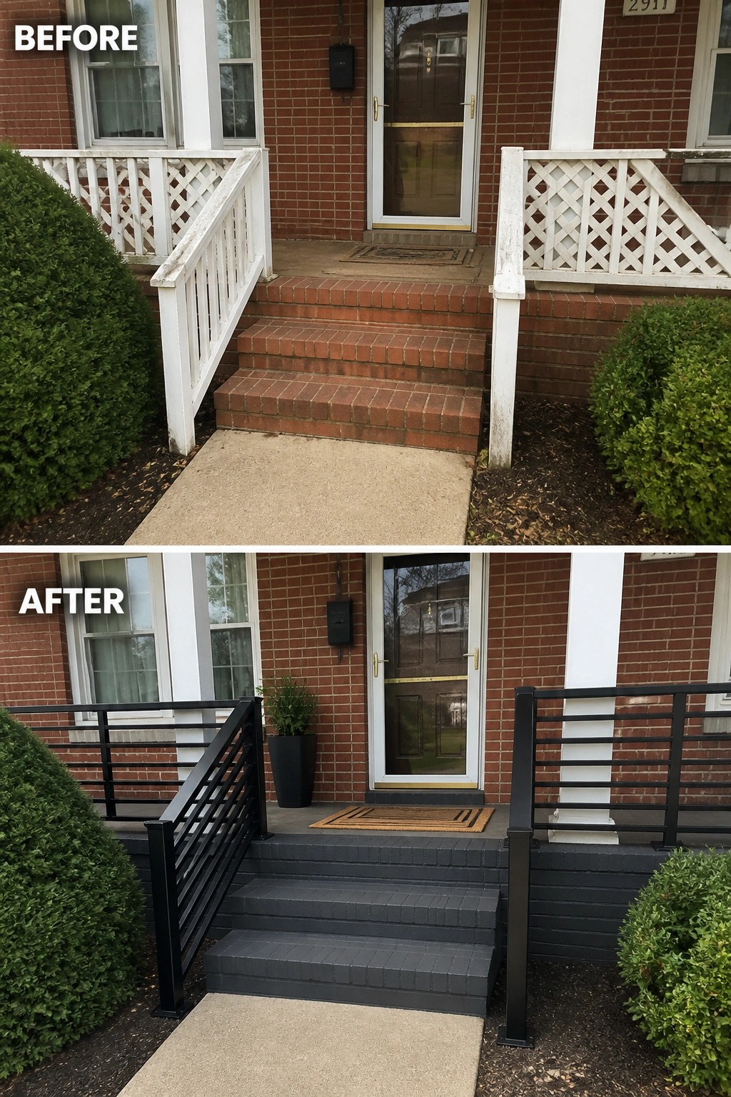 Before-and-after image of a front porch updated by replacing white lattice railings with dark horizontal metal rails