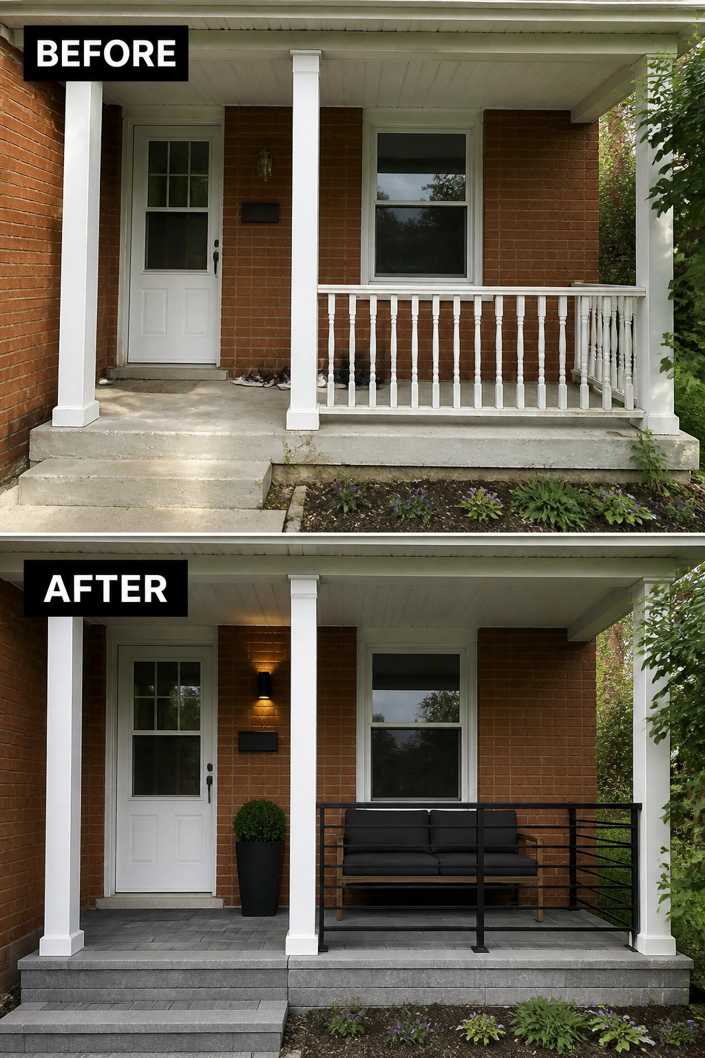 Before-and-after image of a plain concrete front porch updated with pavers, a low black metal railing, seating, a tall planter, and a wall light.