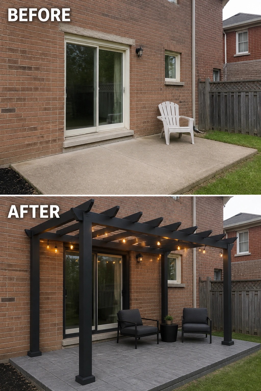 Before-and-after image of a plain concrete back patio updated with stamped pavers, a dark pergola, string lights, and outdoor seating.