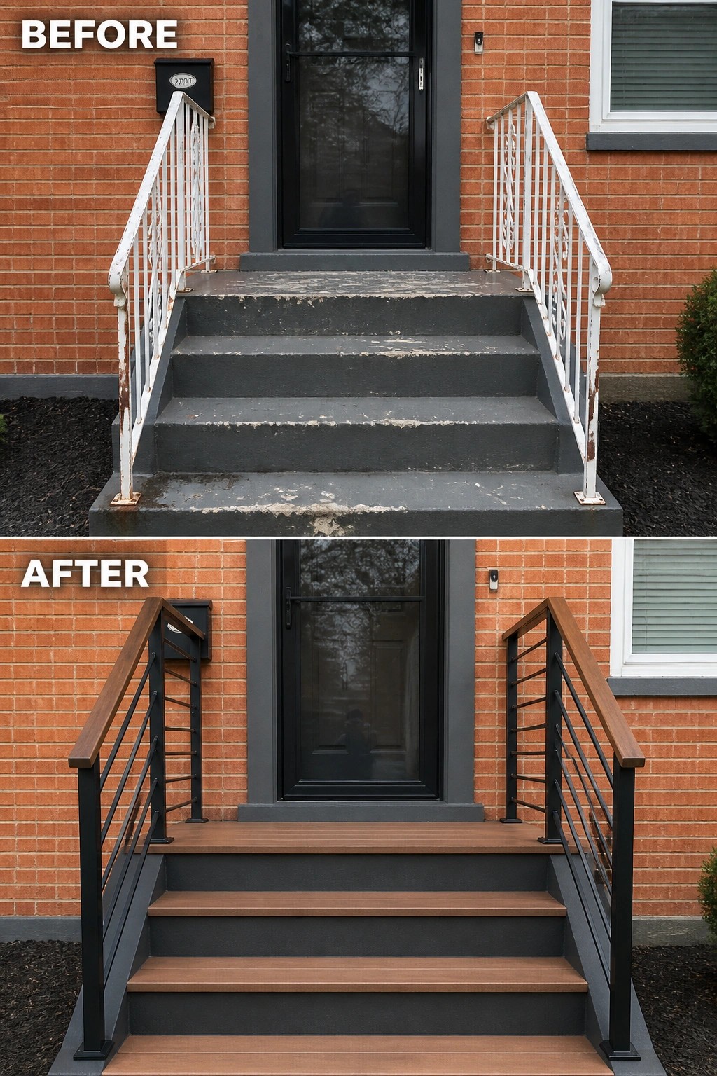 Before-and-after image of a front entry showing peeling concrete steps and white iron railings replaced with wood-look treads and a black horizontal metal railing.